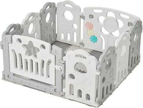 Baby Playpen with Foam Mat & Activity Toys, 10 Panel Plastic Play Pen for Babies & Toddlers, Modular Safety Play Yard for Indoor & Outdoor Use, Grey & White 46"x46"