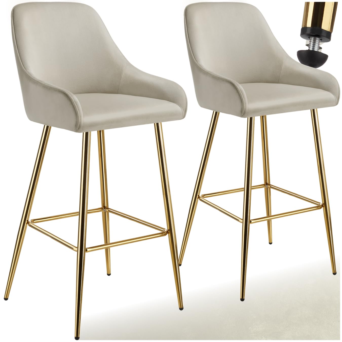 tectake® Taburete Alto con Respaldo, Acolchado, Terciopelo Suave, Patas Acero Galvanizado, Reposapiés, Pies Antideslizantes, Altura Ajustable, Montaje Sencillo, Silla Cocina o Bar - 2 sillas crema/oro