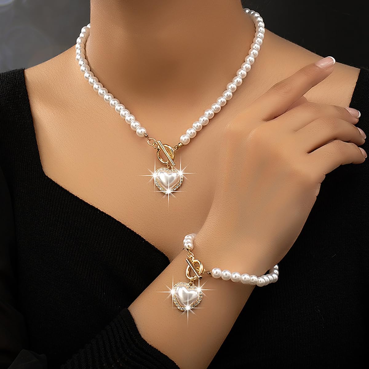 Pearl Heart Necklace Bracelet Set for Women Vintage Crystal Heart Pendant Charm Necklace Chunky Pearl Beaded Ot Toggle Clasp Choker Bracelet Dainty Bride Wedding Ball Jewelry - Image 2