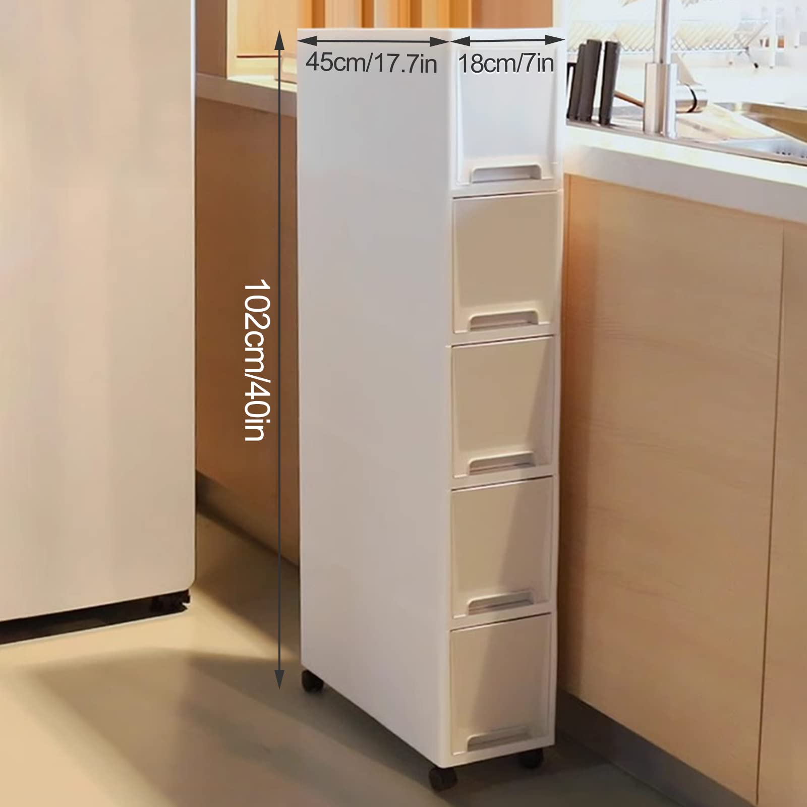 Cajones de almacenamiento apilables, gabinete de piso independiente de esquina, carrito de almacenamiento con ruedas angosto y Delgado de 3/4/5 niveles para cocina, baño,