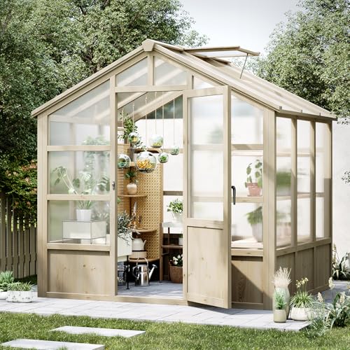 Garvee 8x6 ft Wooden Greenhouse, Greenhouses for Outdoors with Lockable Door, Wood Frame & Adjustable Vent, Heavy Duty Greenhouse with Polycarbonate P