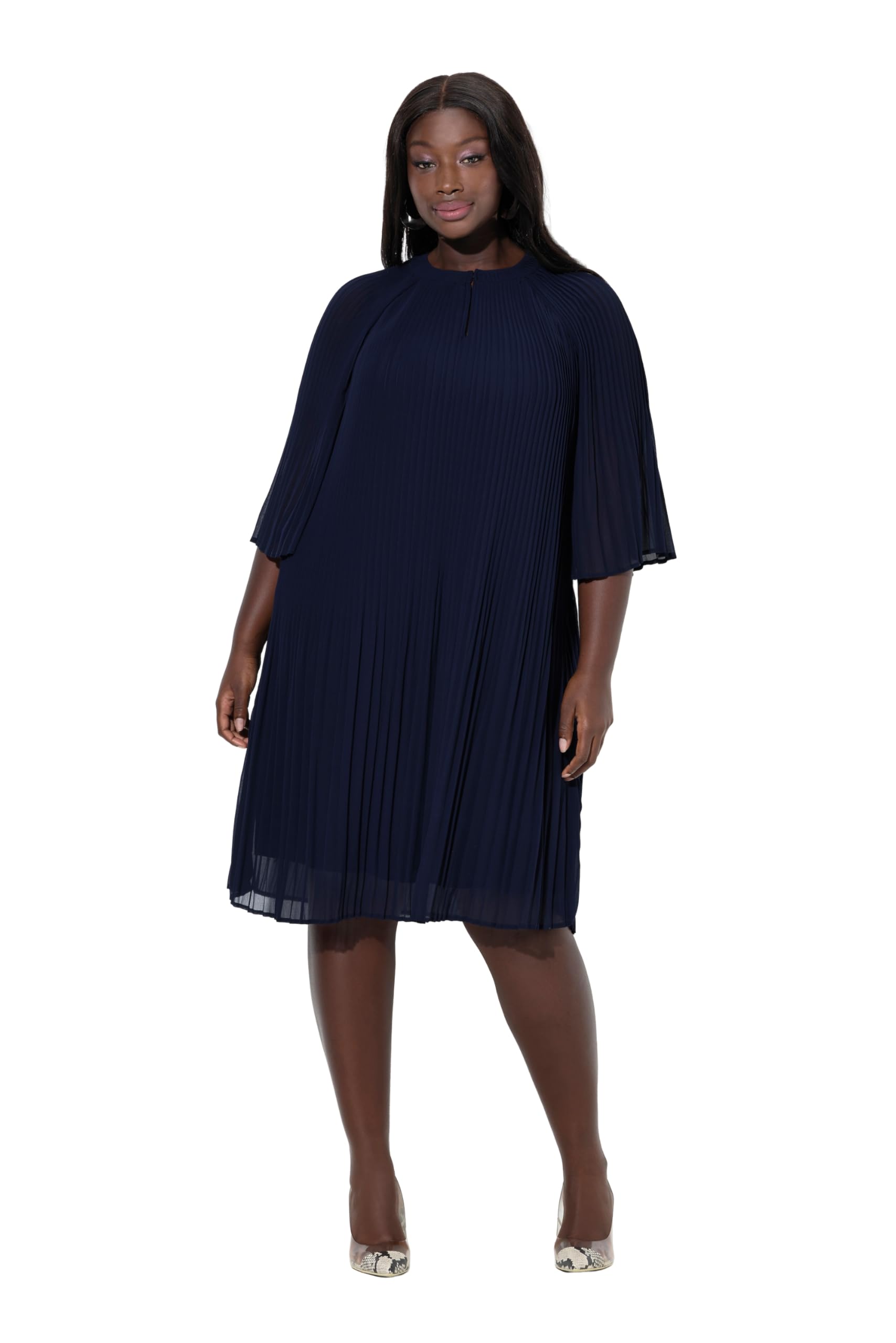 Ulla Popken Damen große Größen Übergrößen Plus Size Plisseekleid, A-Linie, Tunika-Ausschnitt, 3/4-Arm 847633