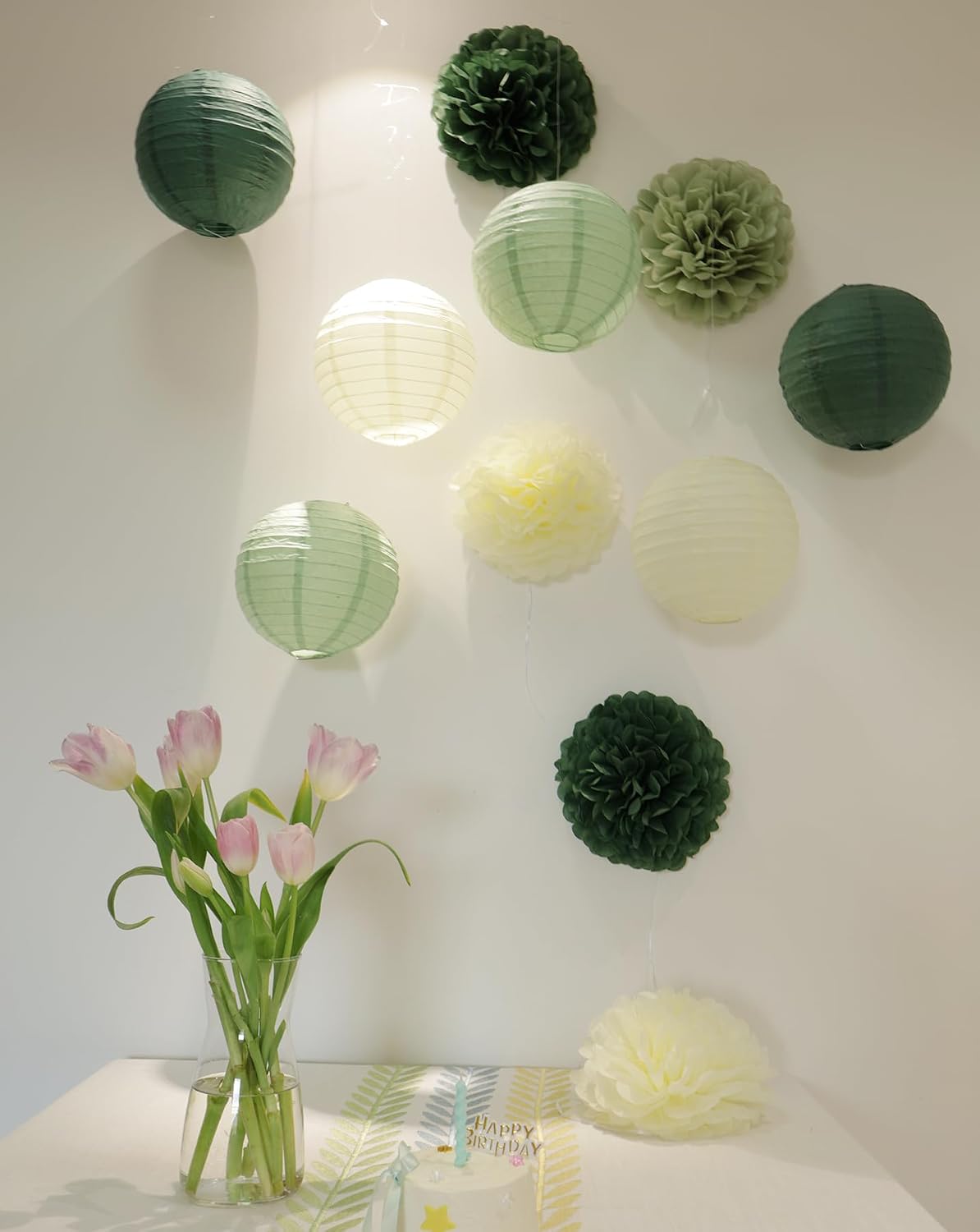 Green Birthday Party Decorations Paper Lanterns and Pom Poms 15pcs Set for Baby Shower Wedding Bachelorette Valentine’s Day Graduation, Hanging Ceiling and Room Decor