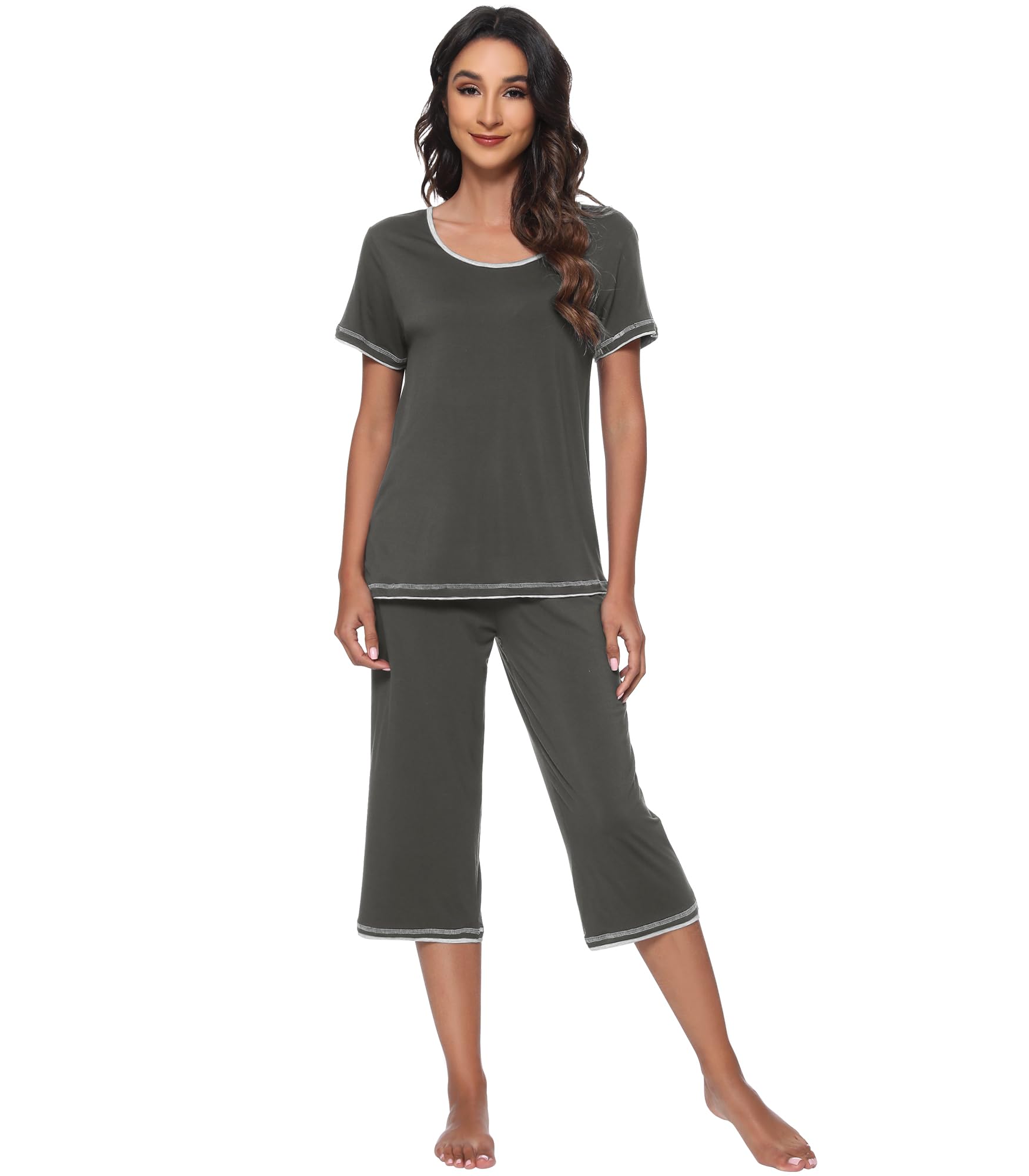 WiWi Bamboo Viscose Pajamas Set for Women Soft Sleepwear Loose comfy Short Tops with Capri Pants Pjs Loungewear S-XXL