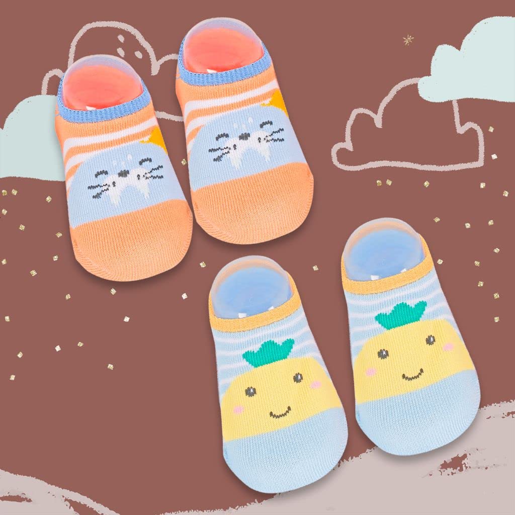 BabyMoo Fruits And Kitty Blue And Orange 2 Pk Socks