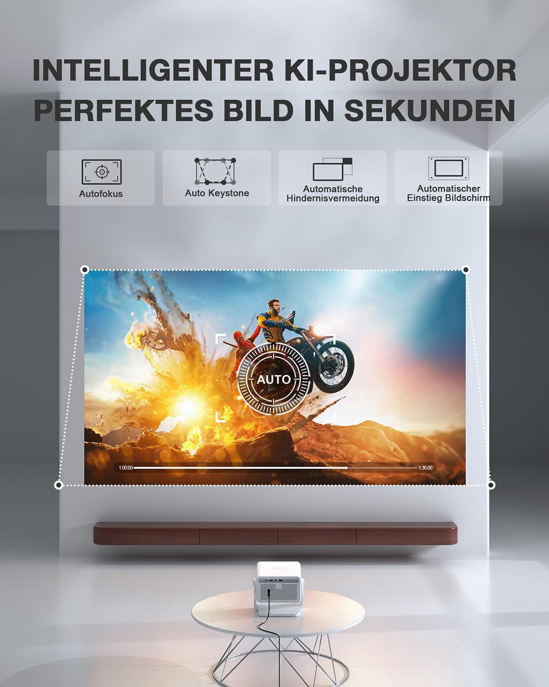 VISSPL 2600ANSI - Mini proiettore smart 4K, con licenza ufficiale, per home cinema e esterni, messa a fuoco automatica/correzione trapezoidale, WiFi6, Bluetooth, full HD, 1080p, videoproiettore per