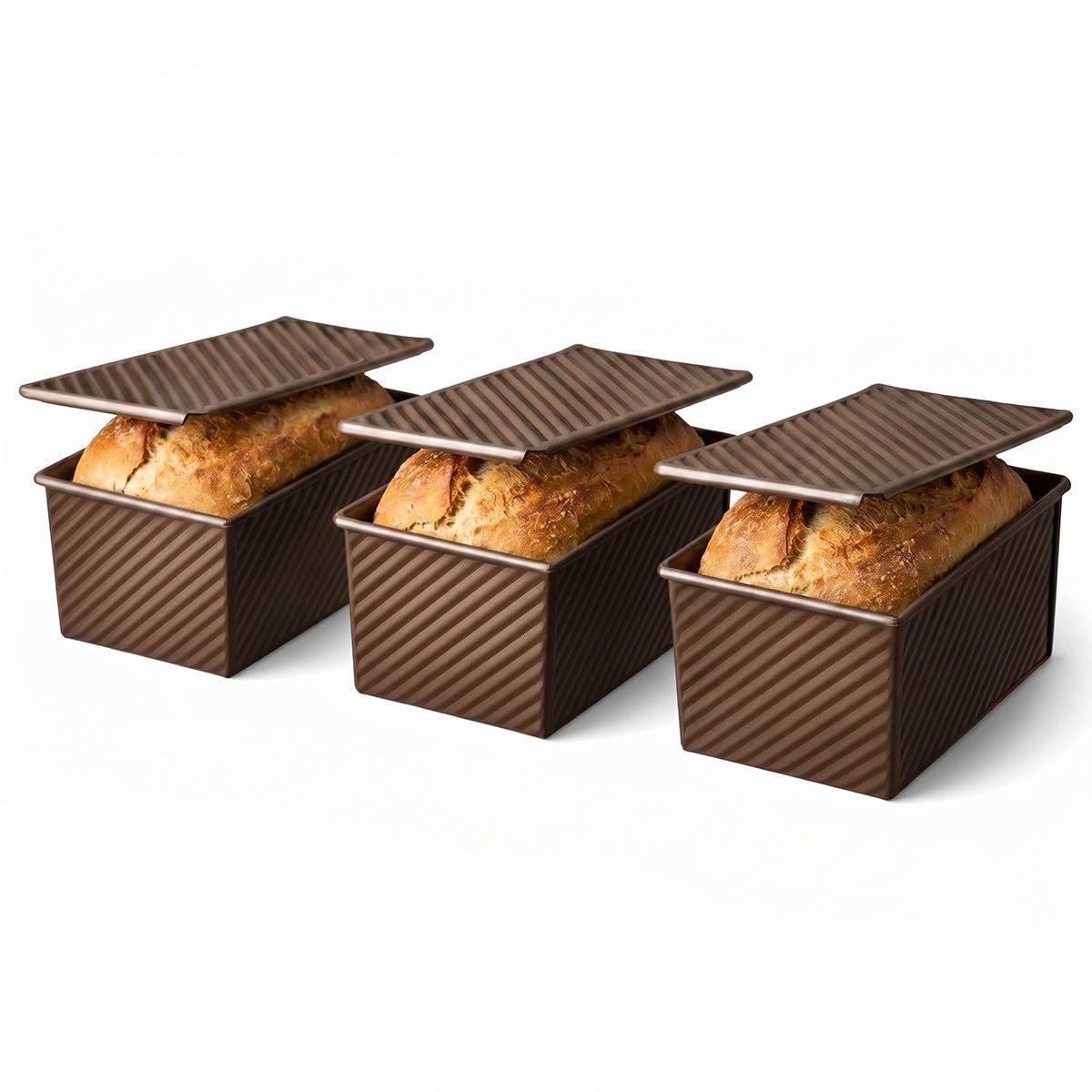 Baannaww 3PCS Pullman Loaf Tin with Lid 450g Thickened Non Stick Toast Bread Tin Corrugated Carbon Steel Bread Baking Pan Gold Loaf Mold for Sandwich Bread 21x10.7x11CM