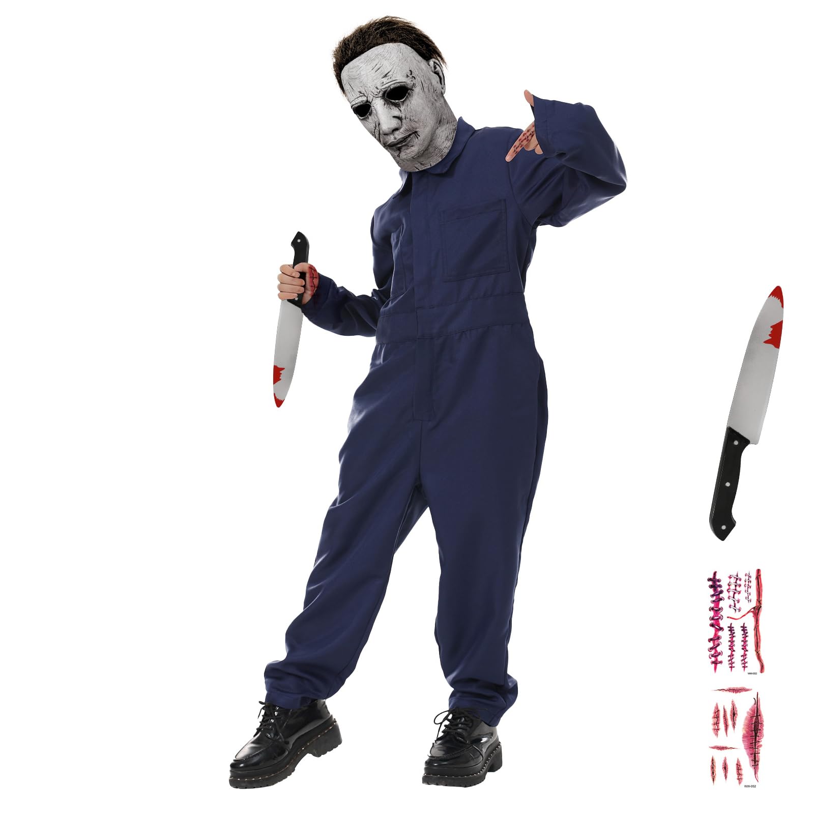 Costume horror killer per ragazzi, blu navy, tuta da caldaia con coltello insanguinato, maschera realistica, 4 pezzi, tuta spaventosa per cosplay, Halloween e carnevale