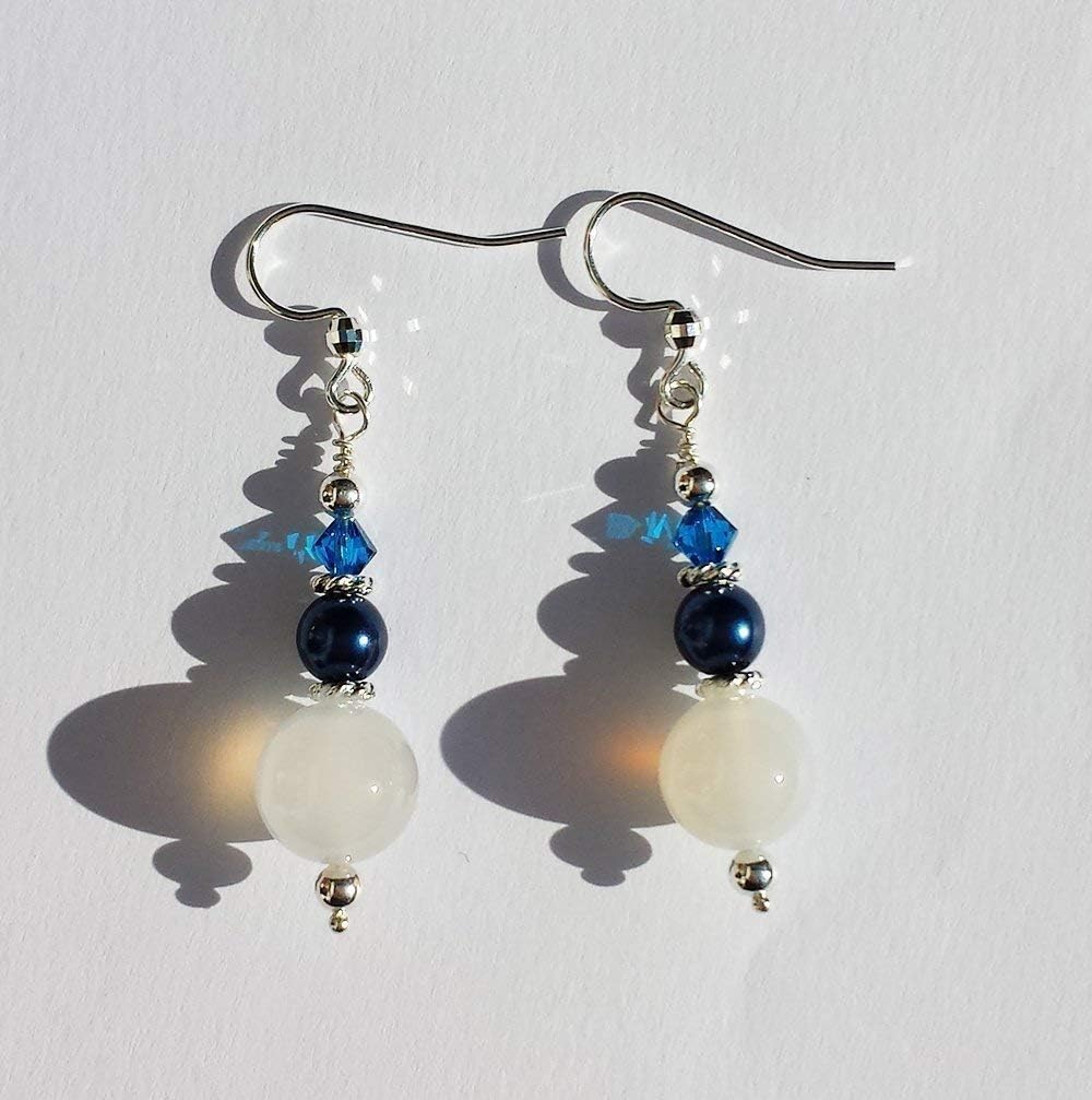 White Agate and Blue Pearl Silver pendant earrings