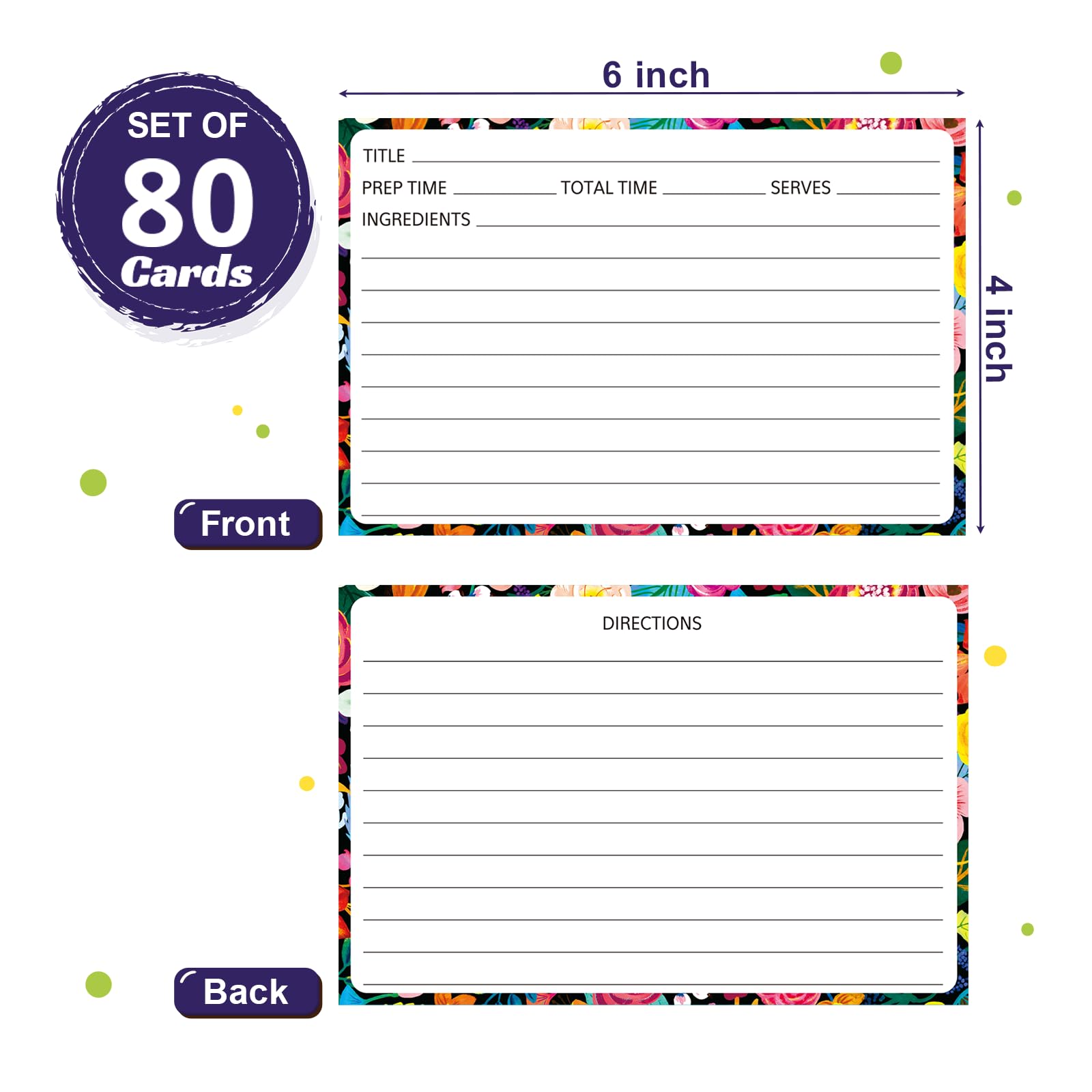 KiDEPOCH 80 Pack 4 x 6 inch Recipe Cards, Cooking Recipe Cards for Recipe Binder, Double-sided Recipe Cards with Lines for Weddings, Bridal Shower, Christmas Gifts Blooming Flowers Design