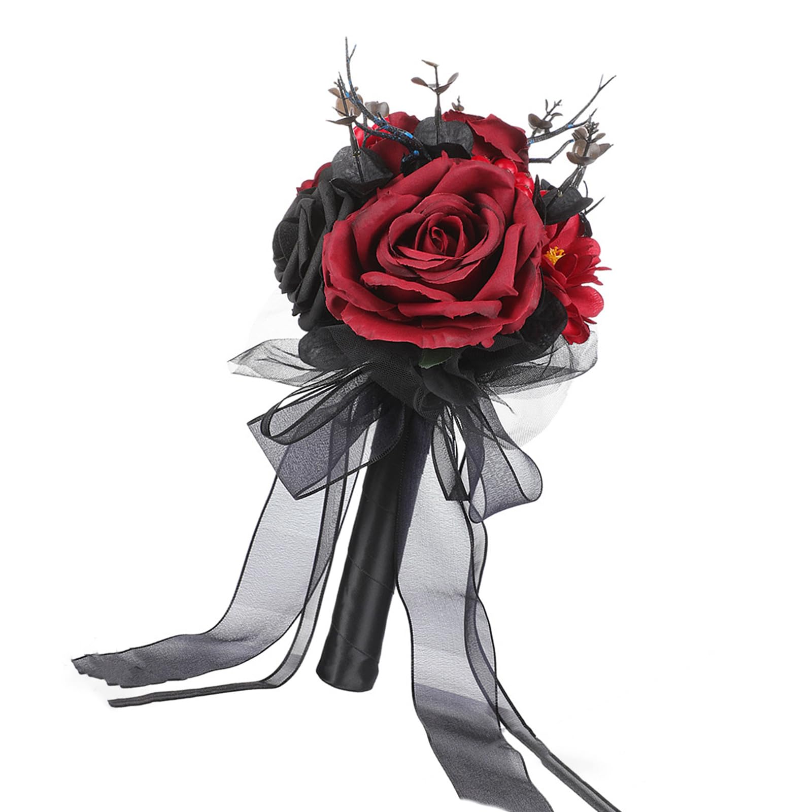 Kfwfuaee A Rtificial Wedding Rose Bouquet With Gothic Dark Theme Styling, Ribbon Tails Nd Handheld Display Ccent For Decor Ceremony Bouquet Faux Floral Hand Dark Wedding Decor Dramatic Photo Display Event