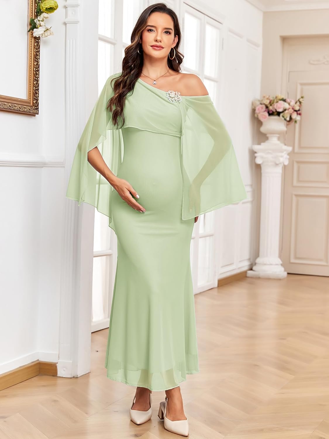 Cape Maternity Mesh Dress One Shoulder Maxi Mermaid Pregnancy Dress with Brooch Formal Baby Shower Photoshoot - Image 3