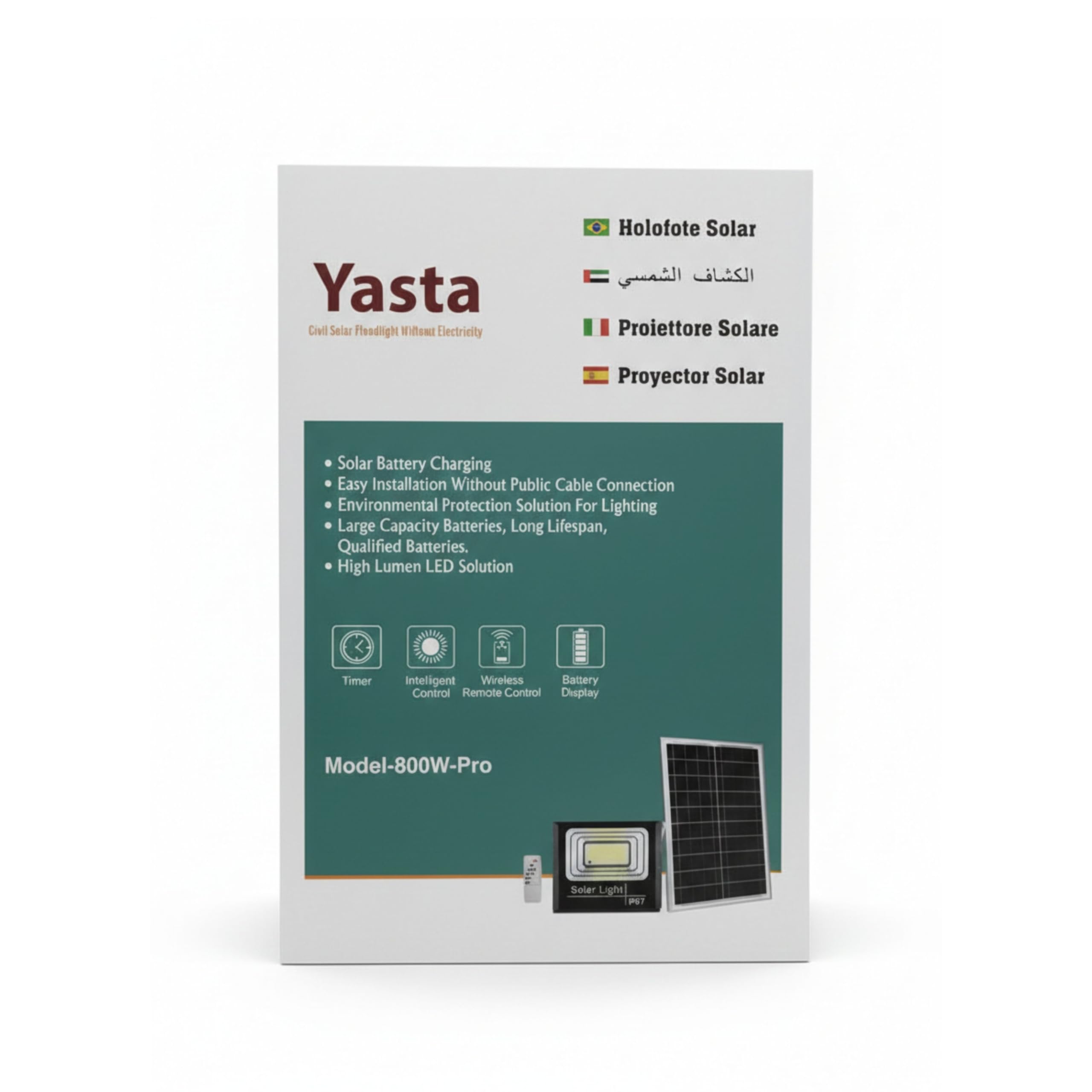 YASTA Faro LED Solare da Esterno 800W PRO Luce Fredda con Telecomando | Batteria a lunga durata, display integrato, sensore crepuscolare automatico, impermeabile IP67 per giardino e strade