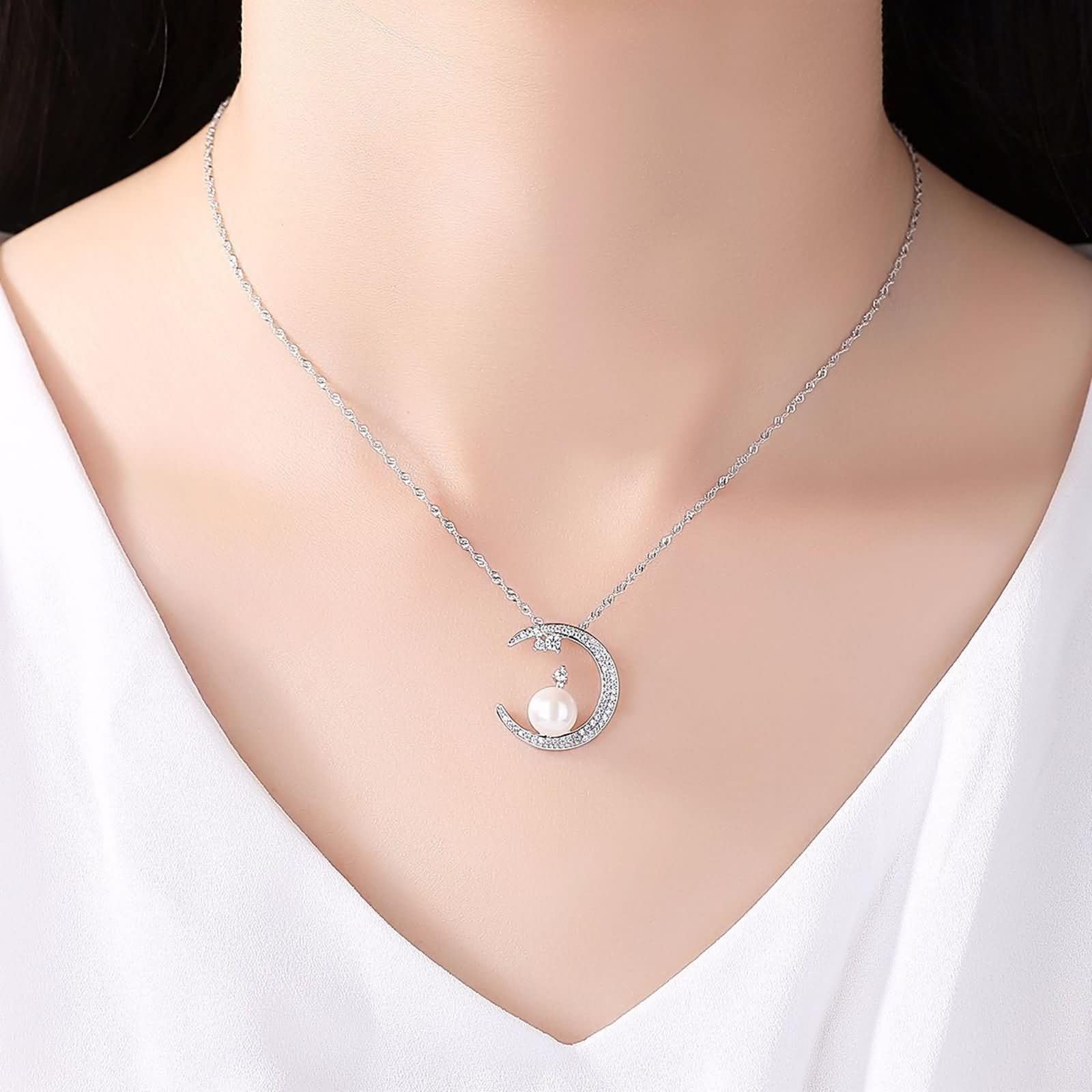 Ciondoli Collane Argento Donna,Ciondoli Collana Argento Sterling 925 Luna con Perla Zirconia Cubica Catene Collana Argento