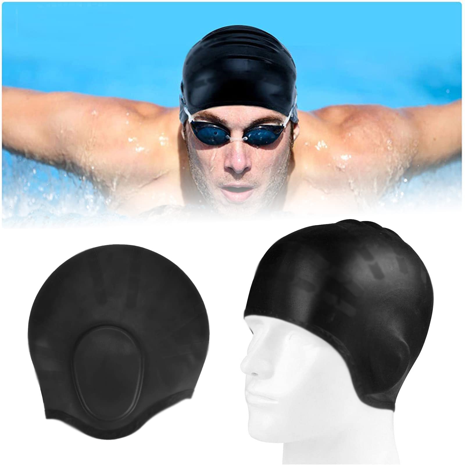 Sadodo 2PCS Pack Swim Cap,Cover Ears Swimming Cap Bathing Hat Silicone Waterproof, With ear protection For Unisex Aldult Women Man