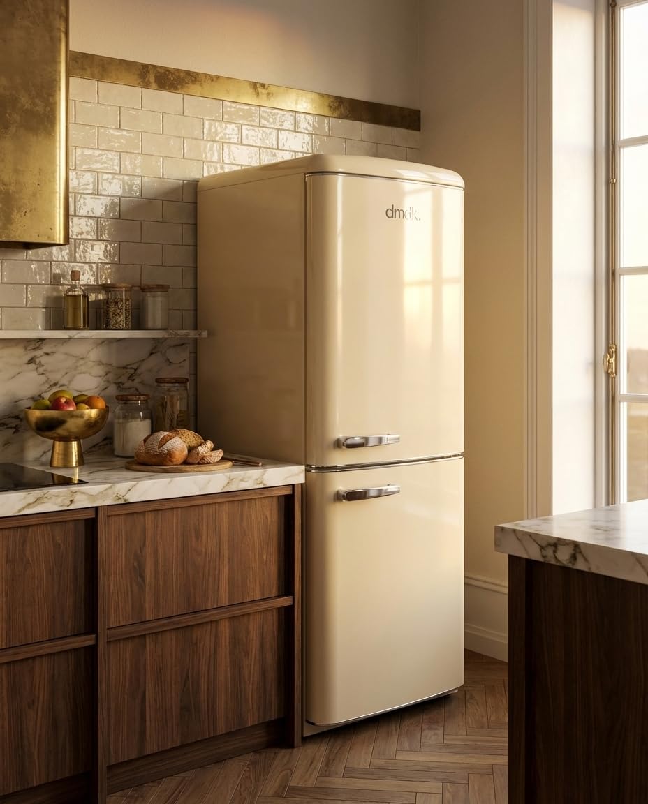 DMDK DKC3 Réfrigérateur-congélateur Combiné, 244 Litres, Crème Rétro, 181 x 55 x 57,50 cm, 39 dB