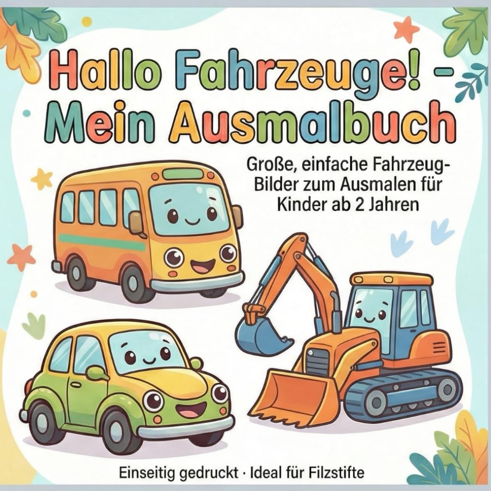 Hallo Fahrzeuge! - Mein Ausmalbuch: Große, einfache Fahrzeug-Bilder zum Ausmalen für Kinder ab 2 Jahren, Einseitig gedruckt - Ideal für Filzstifte ... - Mein Ausmalbuch: Ausmalbücher für Kinder)
