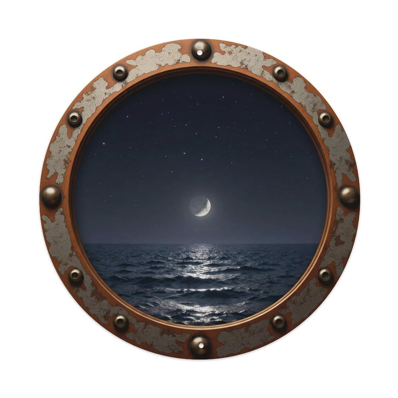 Vintage Porthole Crescent Moon Nautical Window View Vintage Metal Tin Sign Plaque Wall Decor for Cafe, Club Bar, Office, Garden Metal Poster 8x8Inch
