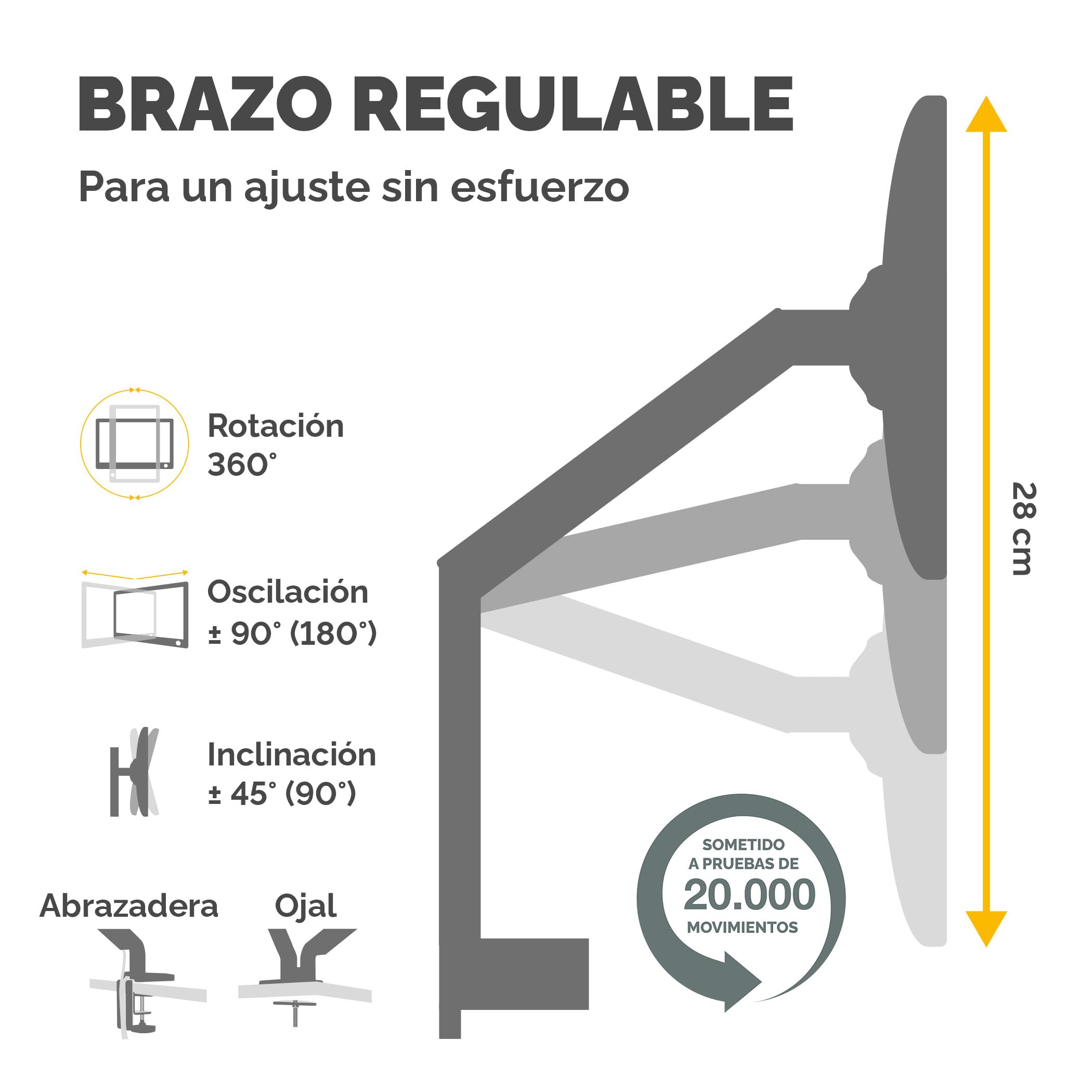 Fellowes Brazo para Monitor Triple Platinum Series - Soporte para monitor ajustable, con funciones de inclinación, giro y rotación y con 2 puertos USB - Tamaño máximo del monitor 27", Negro