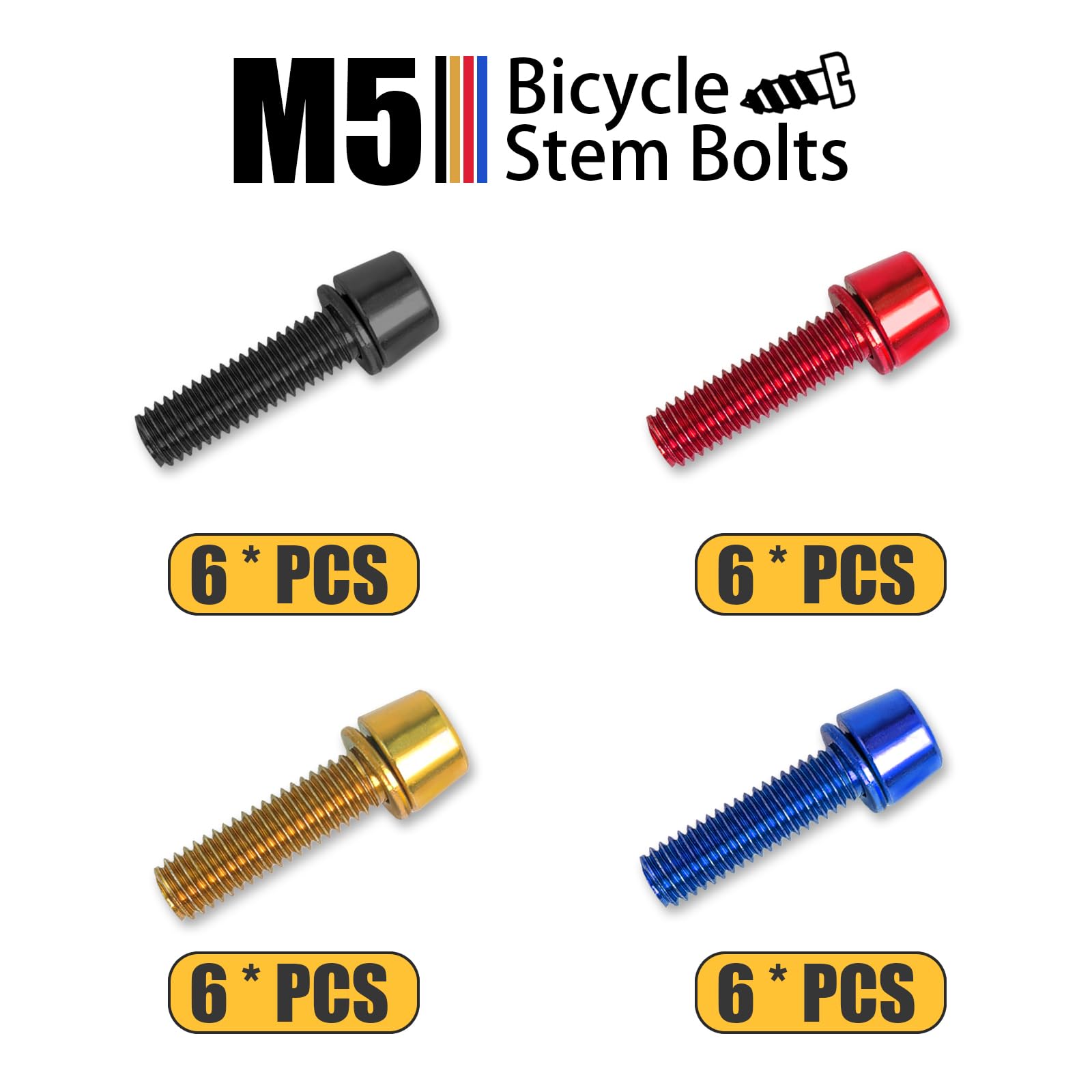 24 Pezzi Bici Stelo Bulloni, M5 x 18 mm Viti Fisse per Stelo Bici con Rondella, Bulloni per Manubrio Della Bicicletta, Vite da Bicicletta per Mountain Bike Bici da Strada, (Nero/Rosso/Blu/Oro)