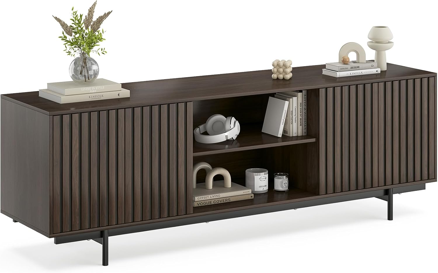 Soohow Mid Century Modern TV Stand for TVs Up to 75", Farmhouse Fluted TV Stand, Retro Wood TV Stand with Storage and Shelf, Entertainment Center with Pop-Up Doors for Living Room, Bedroom, Walnut