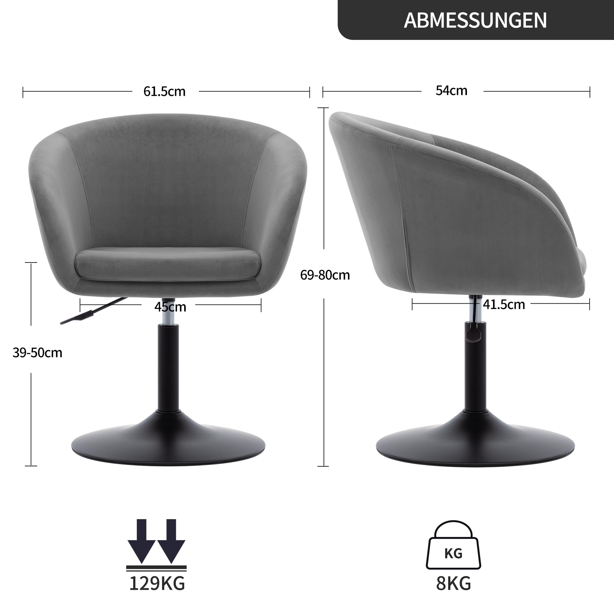 Duhome Schminkstuhl Höhenverstellbar, Lounge Sessel aus Samt Drehbar Cocktailsessel Drehstuhl mit Armlehne für Wohnzimmer Esszimmer Schlafzimmer, Grau