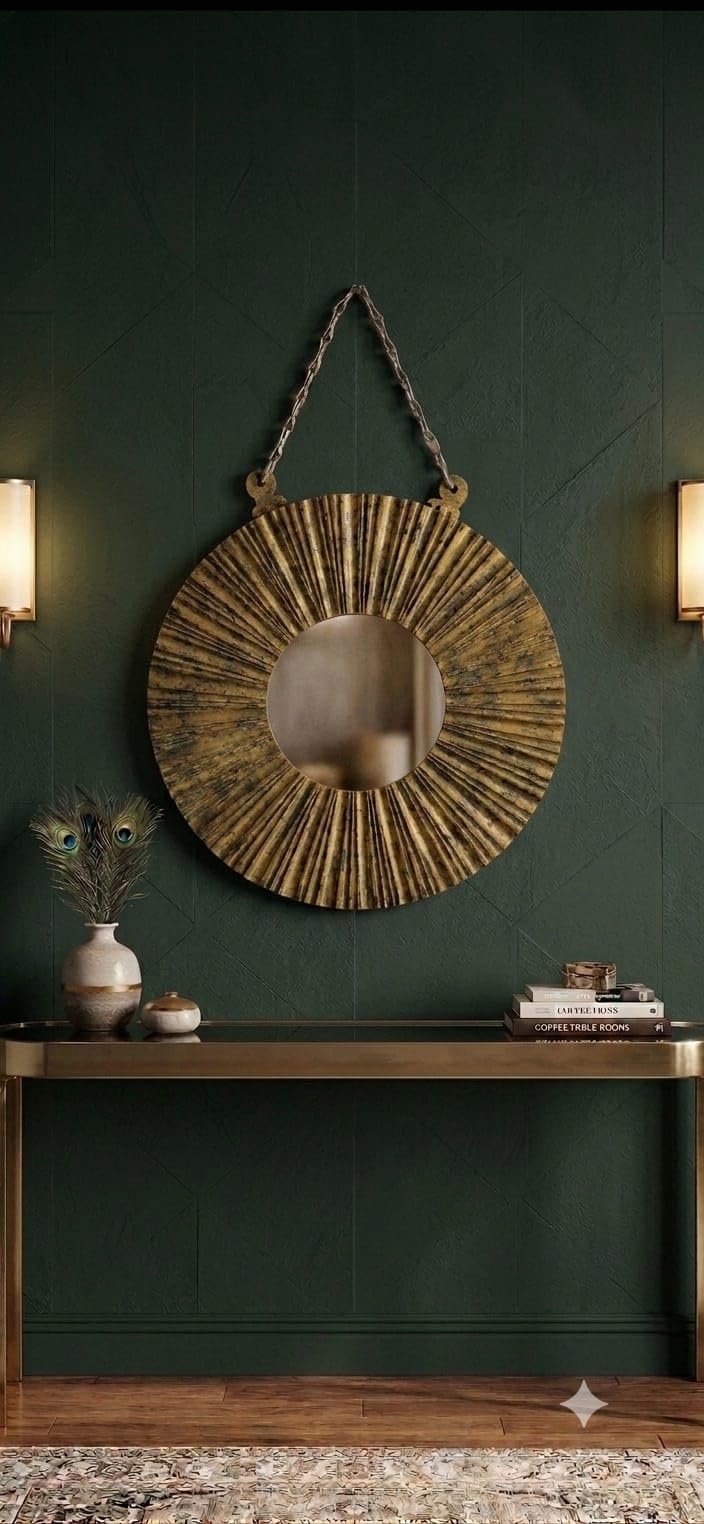 Royal Traders Handcrafted Round Wooden Wall Mirror Frame | Rustic Sunburst Decorative Hanging Mirror for Living Room, Bedroom & Entryway (ANTIQUEE Yellow)-image-18