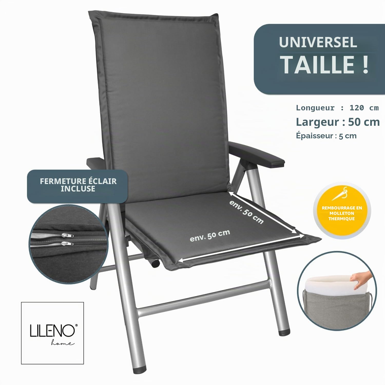 LILENO HOME MIA Coussins pour chaise de jardin, à dossier haut, anthracite, confortables pour meubles de jardin, coussins de chaise pour chaises de jardin et chaises pliantes