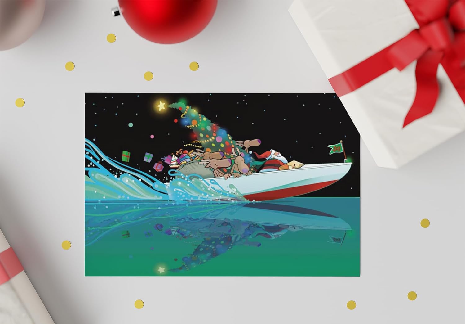 Stonehouse Collection | Custom Boating Christmas Cards | Personalized Santa in Speedboat, Reindeer, Gifts, Nautical (Personalized)