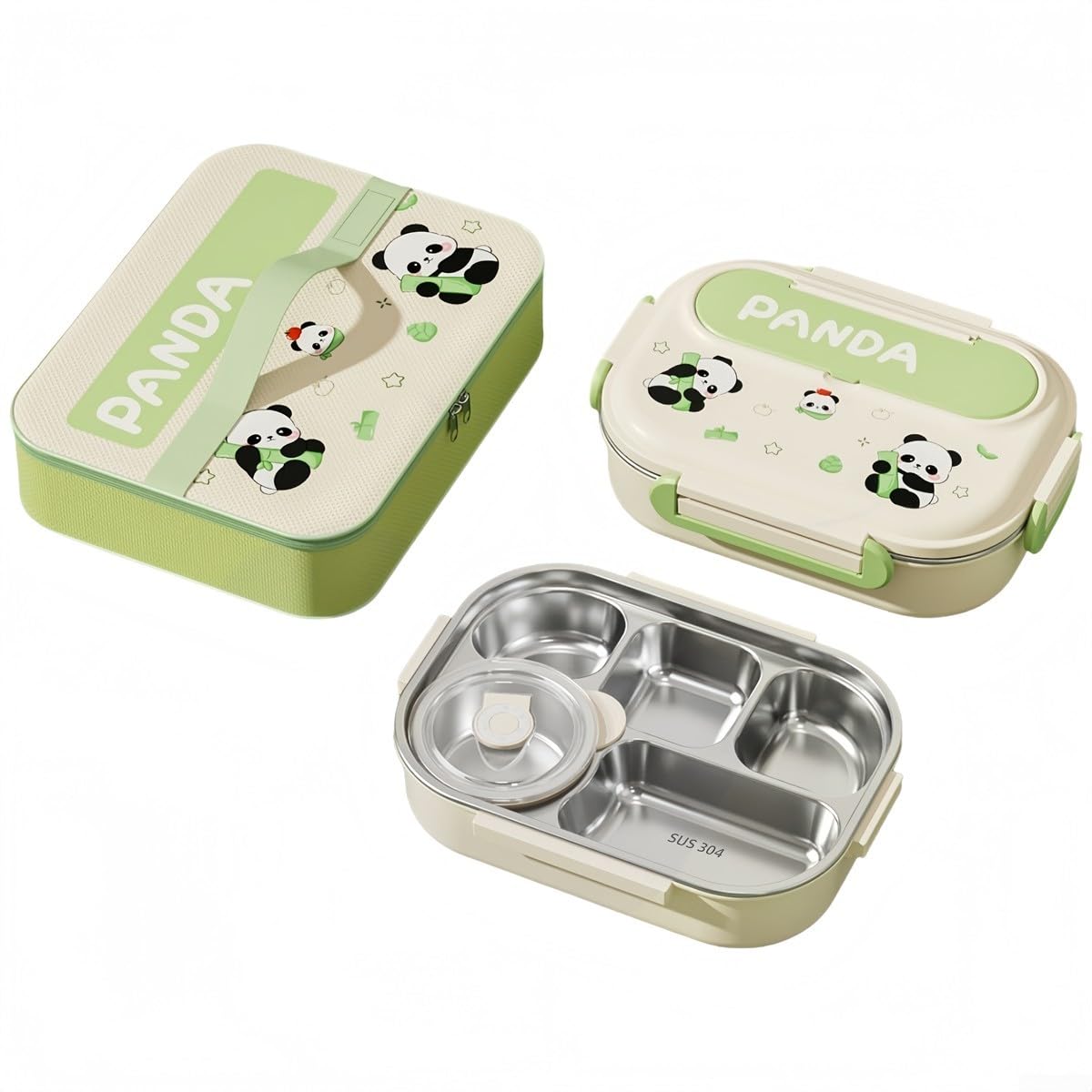 Boîte à déjeuner acier inoxydable vert premium 5 compartiments avec sac et couverts