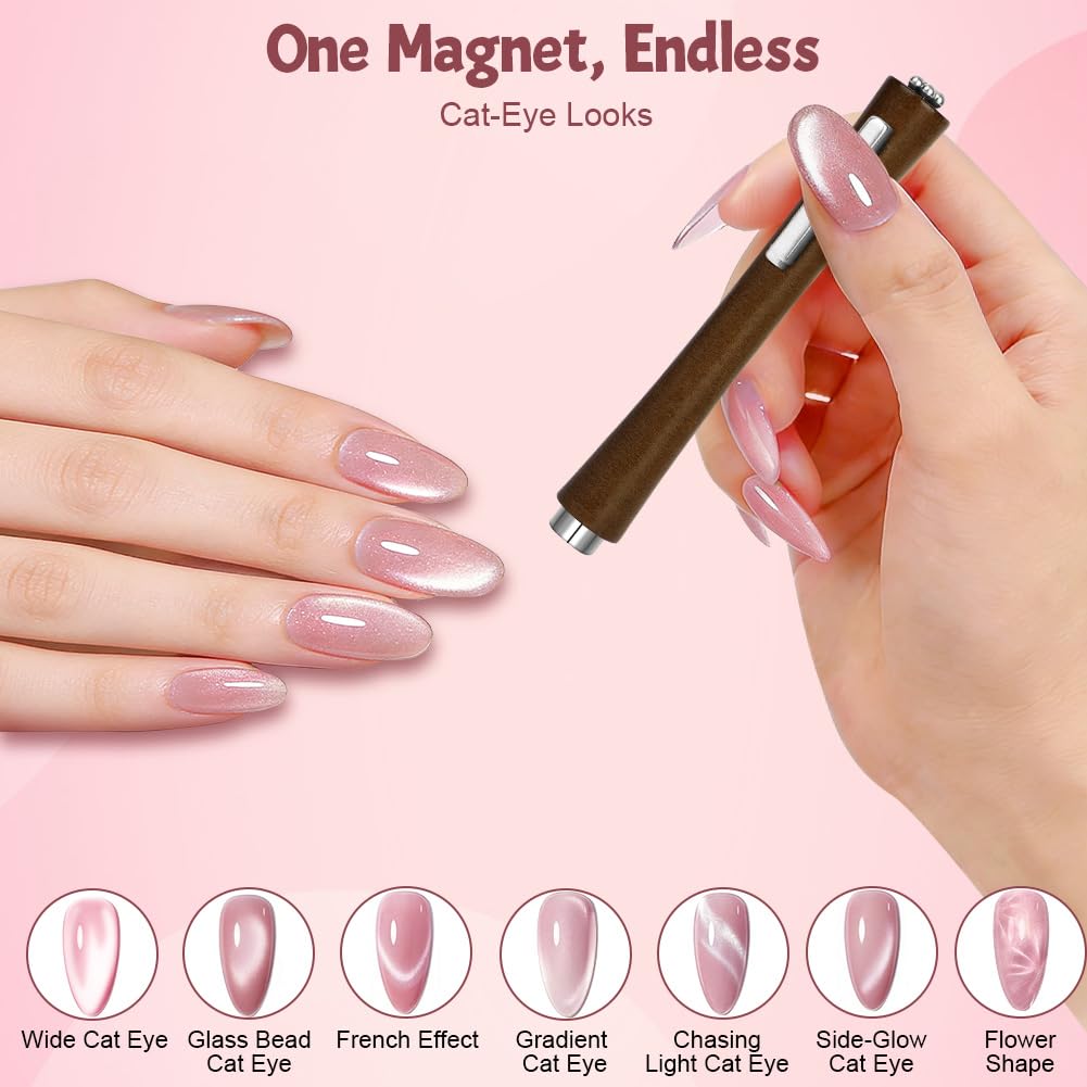 Magnes do paznokci 3 w 1 z drewnianym uchwytem, magnes na kocie oko, magnetyczny długopis do zdobienia paznokci, długopis magnetyczny Cateye, narzędzie do zdobienia paznokci (3 w 1, drewniany