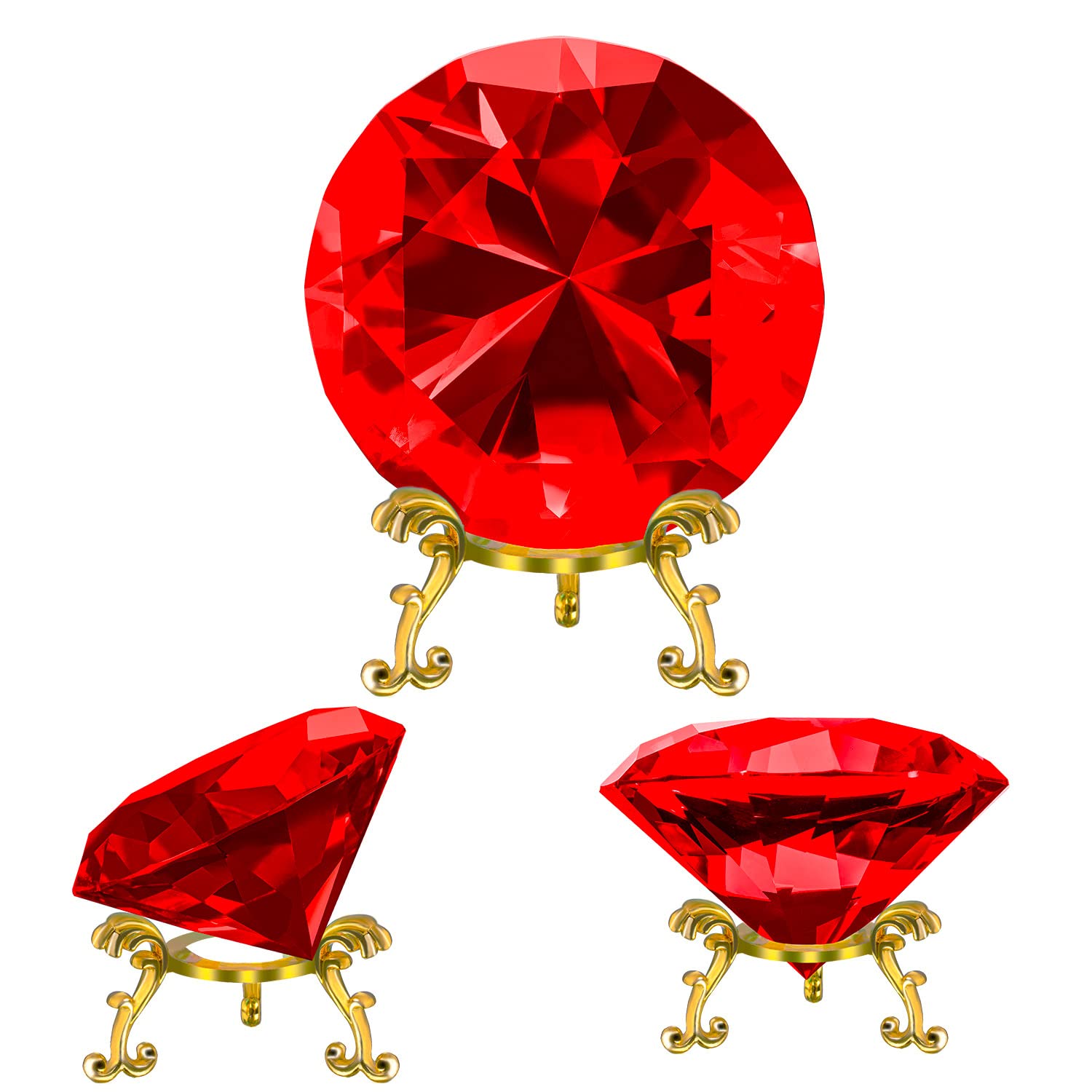 SWTHONY 80mm(3.15 inch) Crystal Big Fake Diamond Paperweight Rainbow Maker, with Gold Metal Base Home Decor (Ruby)