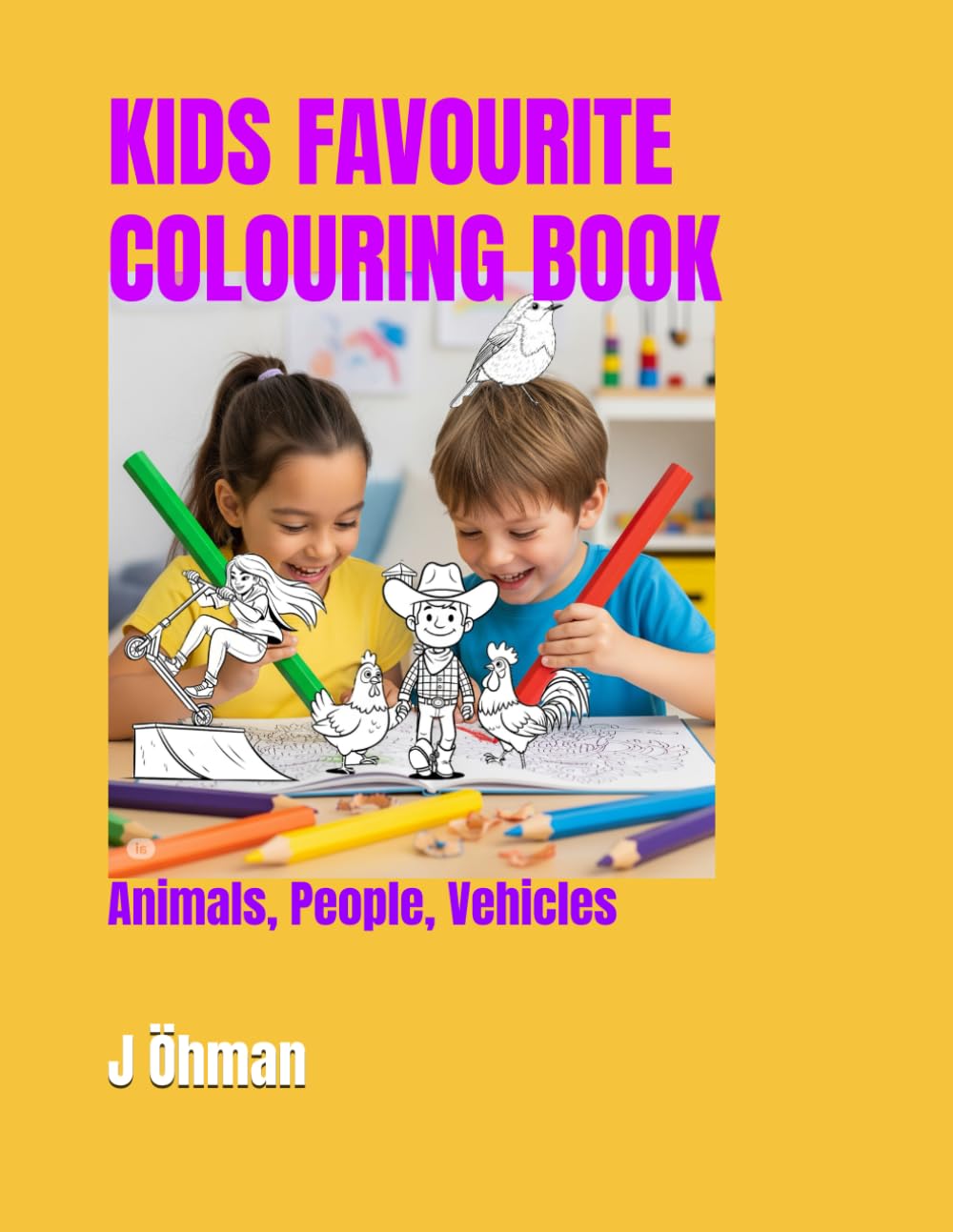 KIDS FAVOURITE COLOURING BOOK: Animals, People, Vehicles