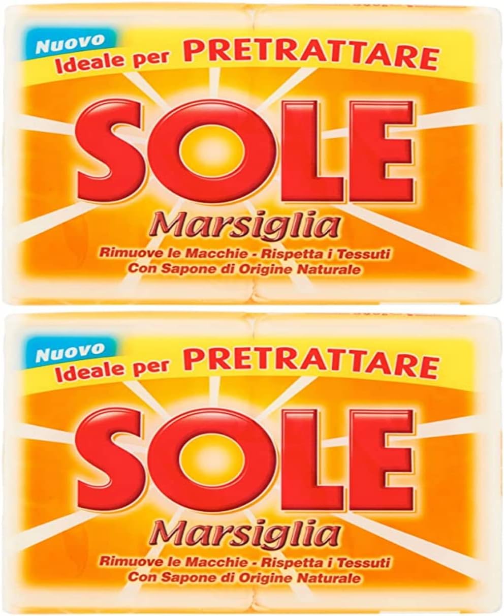 Sole:"Sole Marsiglia" Marseille Laundry Soap for Pre-Treating 8.8 Ounce (250gr) Soaps (Pack of 4) [ Italian Import ]