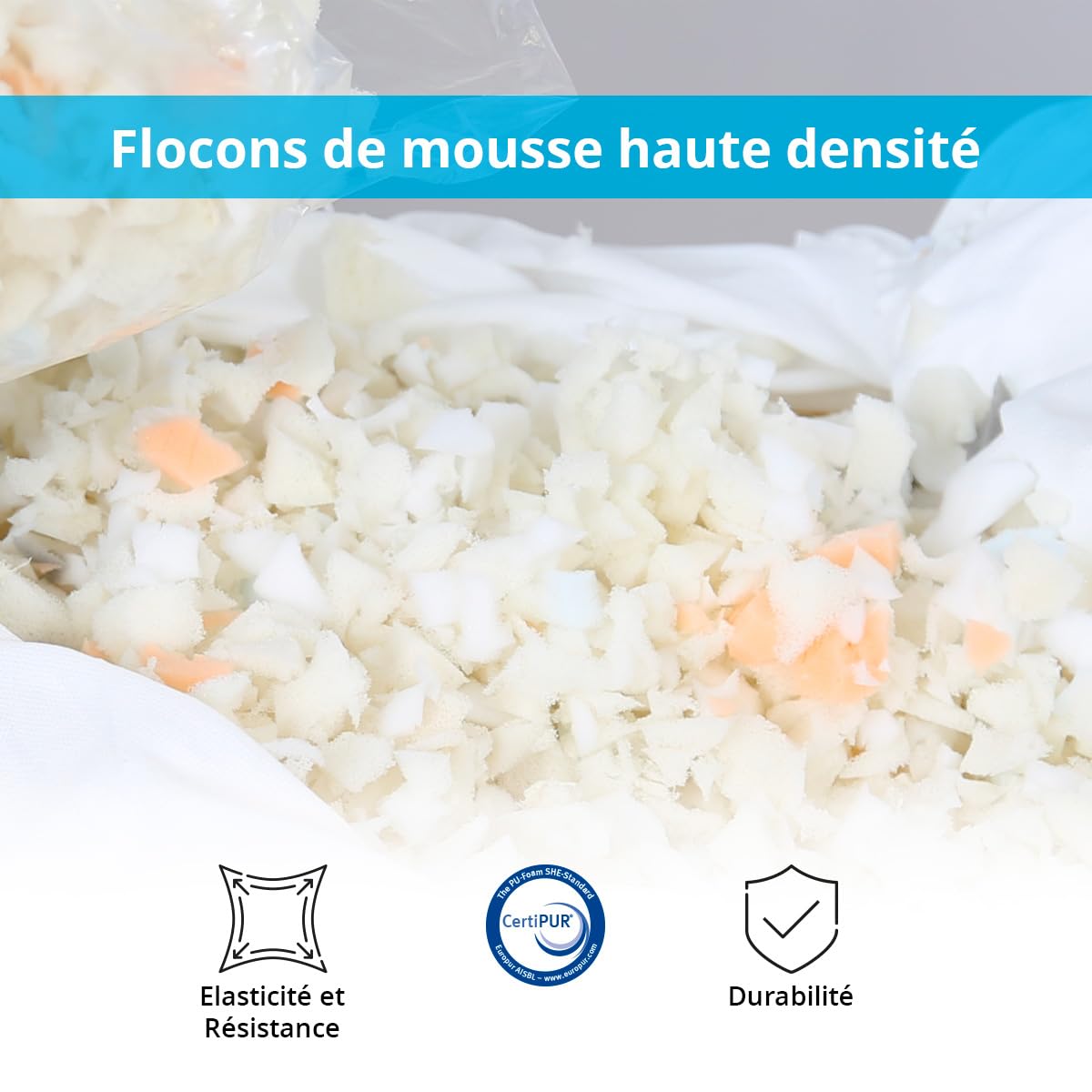 Olympe Literie Flocons de Mousse Haute Densité 240L – Garnissage & Rembourrage pour Coussins, Poufs, Canapés, Peluches – Fibre Confortable et Résistante