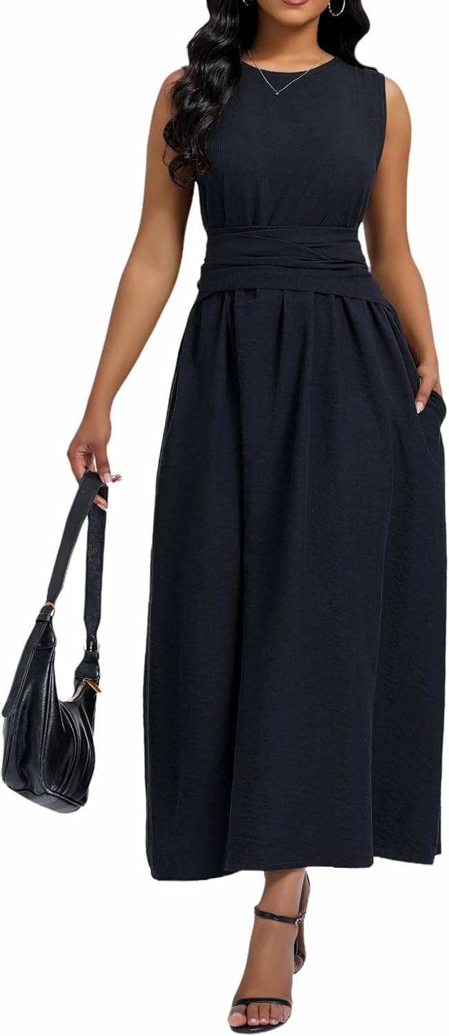 Women's Summer Sleeveless Casual Belted Maxi Sundress 2025 Long Tank Dress with Pockets - Image 4
