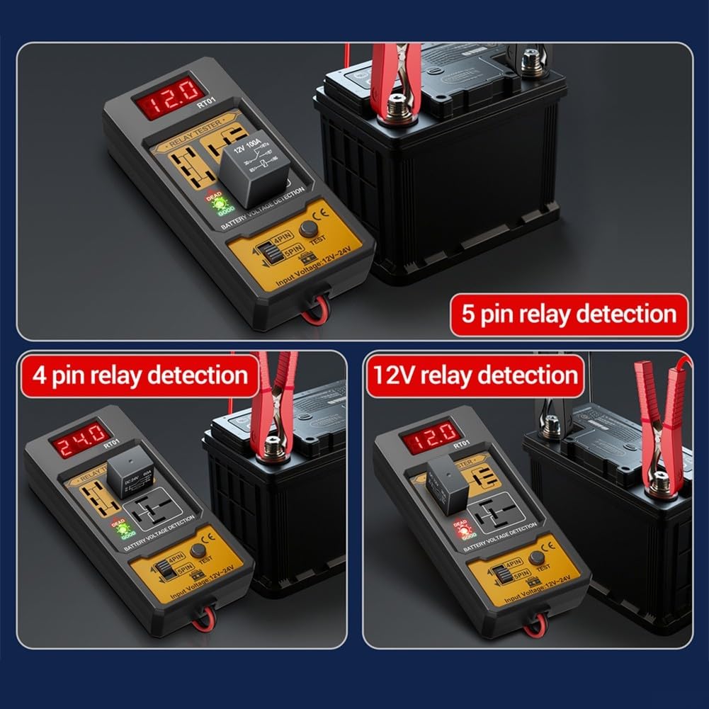 Comprobador de relé de coche de 12 V/24 V. Pantalla LCD con retroiluminación digital, prueba relés de 4/5 pines, compatible con baterías de plomo-ácido/AGM/litio adecuadas para coches, camiones