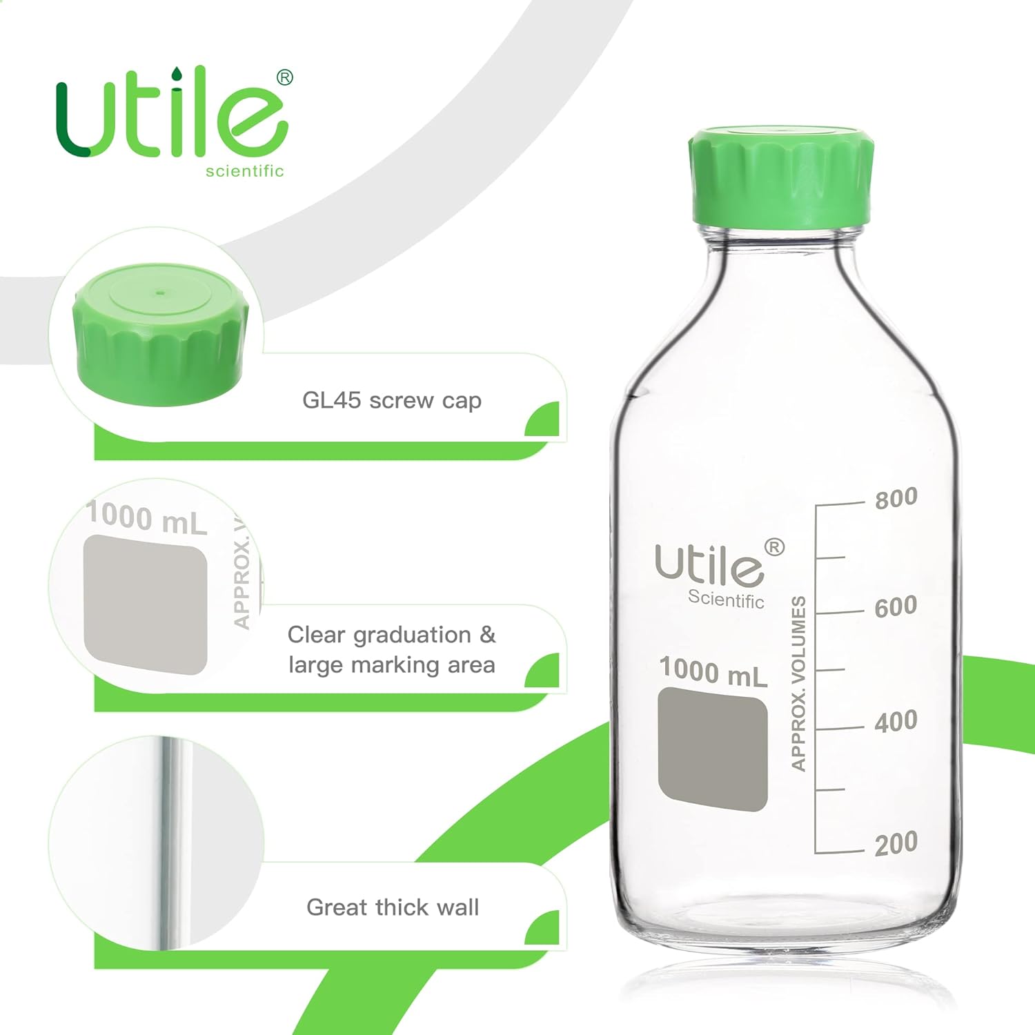 Utile Media Bottle, 2pcs of 1000ml(33.8oz) 3.3 Borosilicate Glass Bottles with Lids, Lab Media Bottle Media Storage Bottle, 4038.1000.2