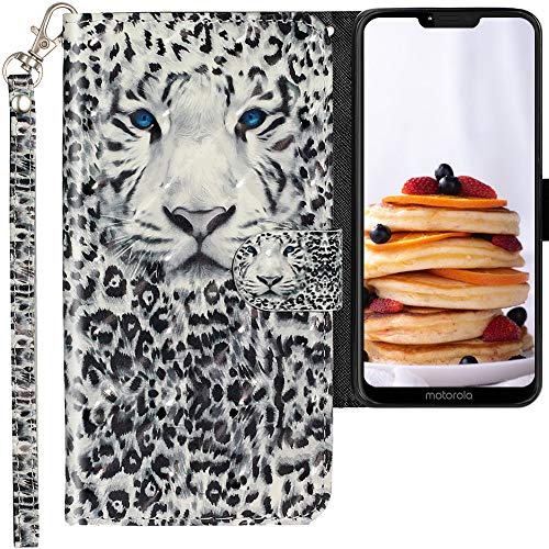 CLM-Tech Coque Compatible avec Motorola Moto G7 Power - Portefeuille en Cuir synthétique avec Support et Cartes Compartiments, Léopard Noir Blanc