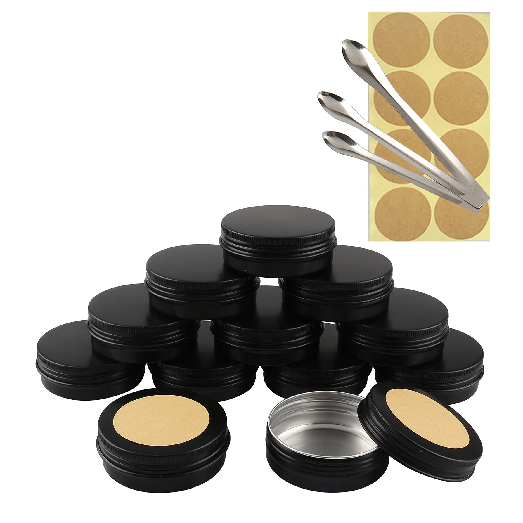 Tianzd Black 10 Pieces 60 Ml Empty Round Aluminum Tin Jars With Screw Lids Cosmetics Lip Balm Containers Pots For Diy Candle Salve Salt Powder Crafts Storage Cans With 3X Spoon, 10X Labels