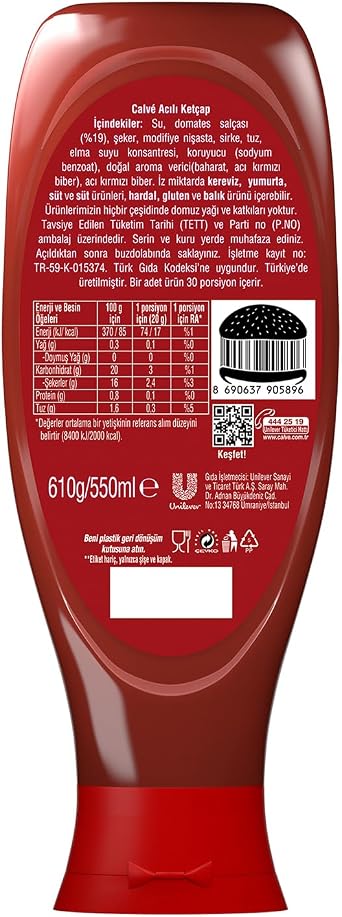 Calve Ketçap Acılı Tam Mevsiminde Toplanan Domatesler Hafif Orta Acı 610 g