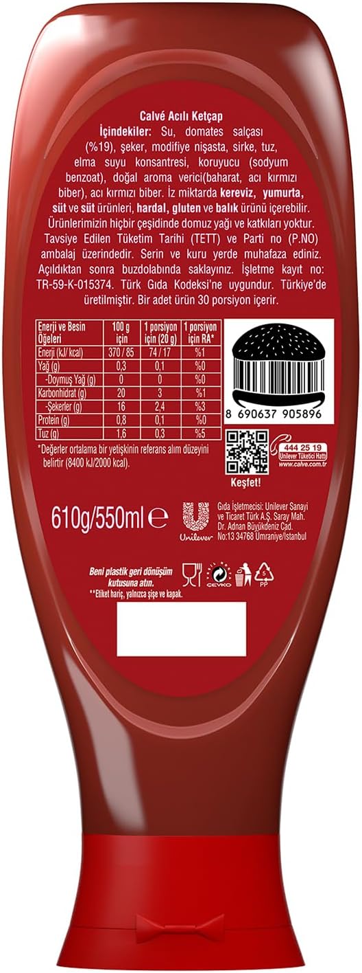 Calve Ketçap Acılı Tam Mevsiminde Toplanan Domatesler Hafif Orta Acı 610 g