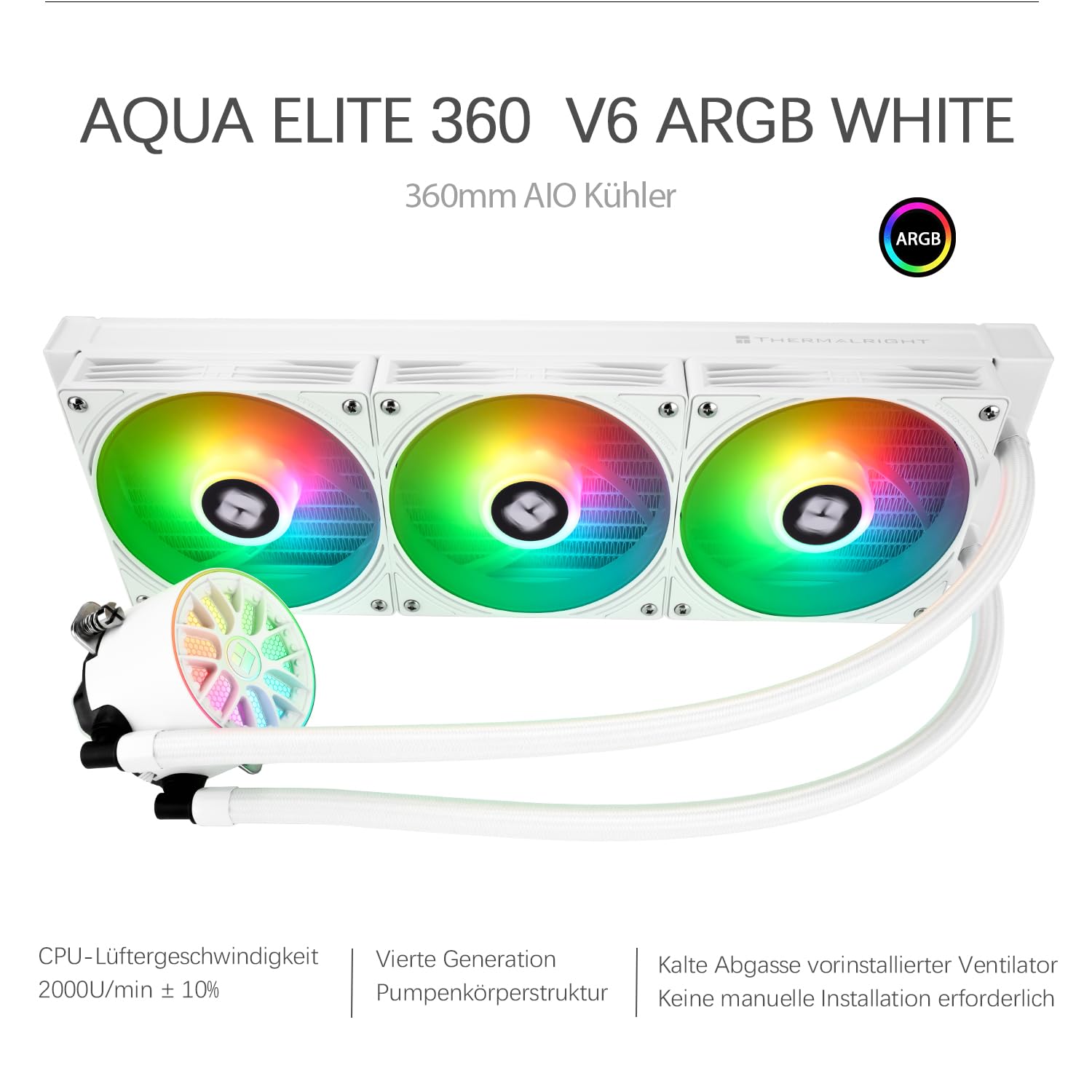 TR-Thermalright AQUA Elite 360 V6 ARGB White Liquid CPU Refrigerador de CPU, enfriamiento Aio de 360 mm, Ventilador de 3 PWM-ARGB, para AMD AM4/AM5, Intel LGA1851/1700/115x/1200 (blanco)