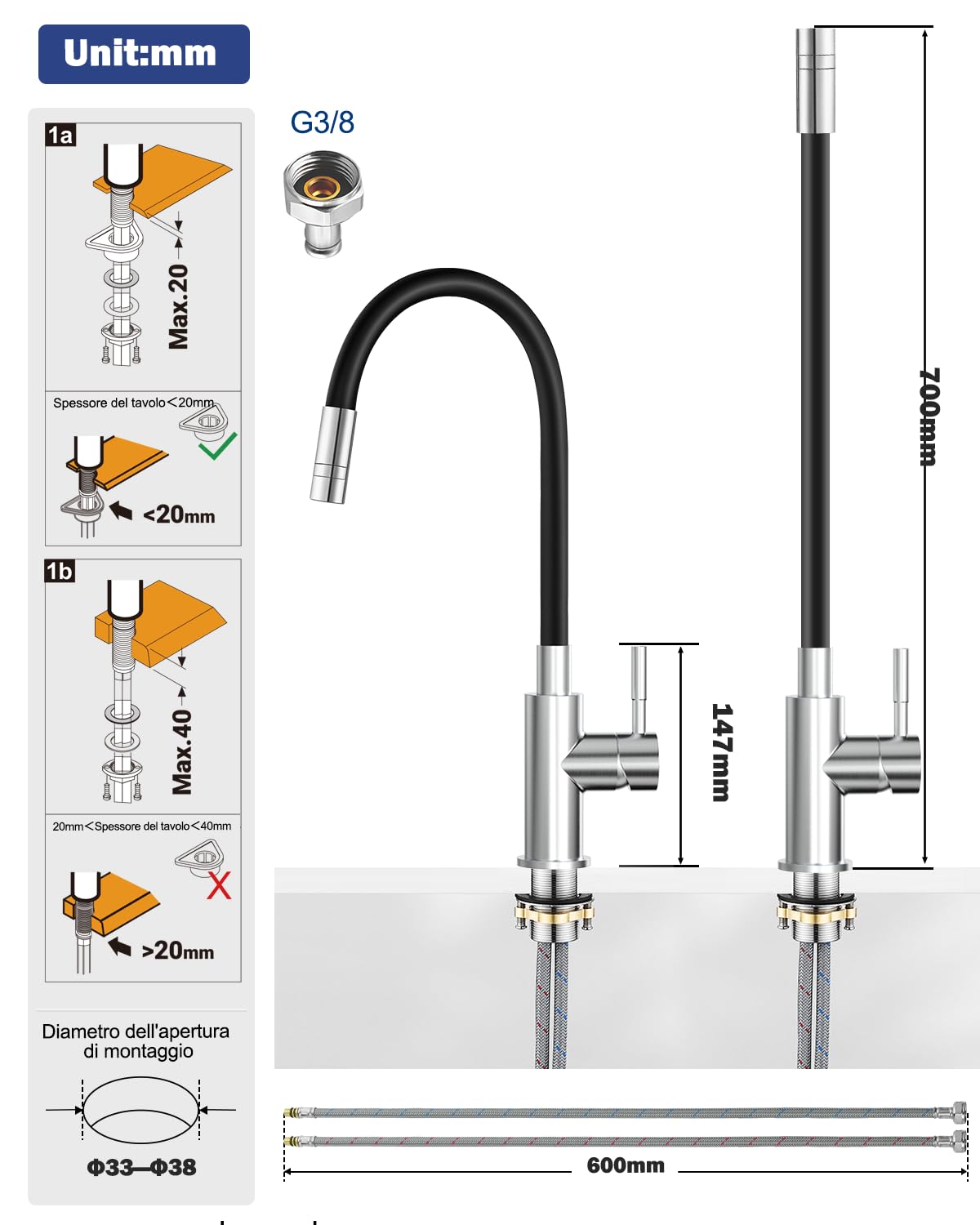 Rubinetto Lavello Cucina, Rubinetto Cucina, Rubinetti Cucina in Acciaio Inox, Miscelatore Cucina, Modalità acqua doppia, 360°Rubinetto Pieghevole Lavello Cucina, Rubinetto Sottofinestra Nero