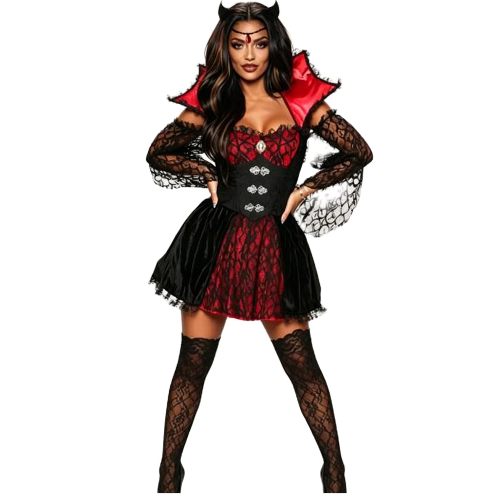 PWGGMAA Women's Queen of Hearts Costume Halloween Short Sleeve Dress with Crown (Z1-black, L)