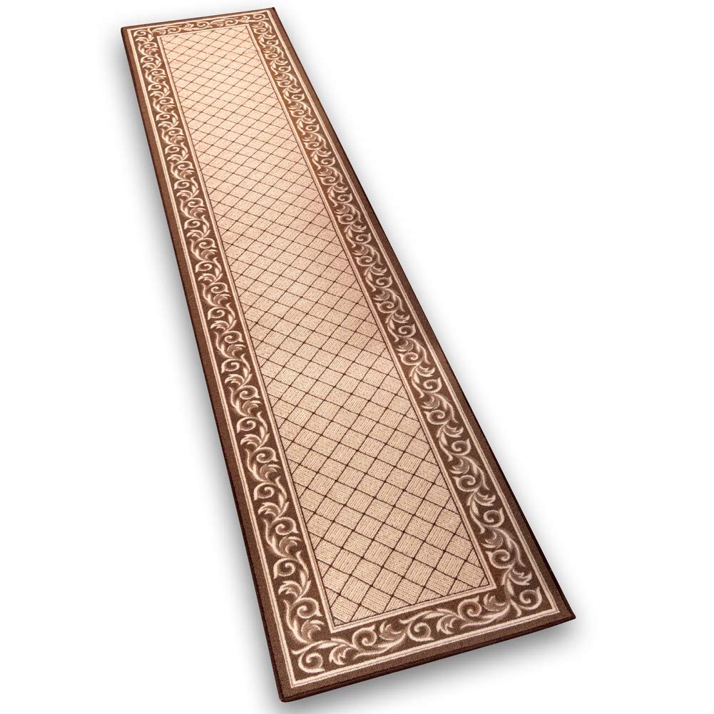 Collections Etc Floral Scroll Basket Weave Rug with Skid-Resistant Backing, Chestnut, 26" X 120"