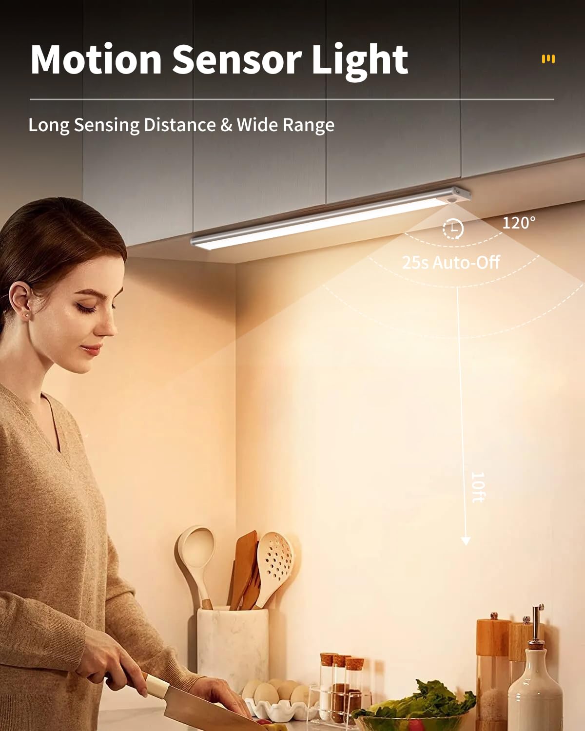 Motion Sensor Light Indoor 12 inches, 54 LED Under Cabinet Lighting with 3 Color Dimmable, Battery Operated Closet Lights Rechargeable Lamp, Magnetic Under Counter Night Lights Used in Kitchen Cabinet