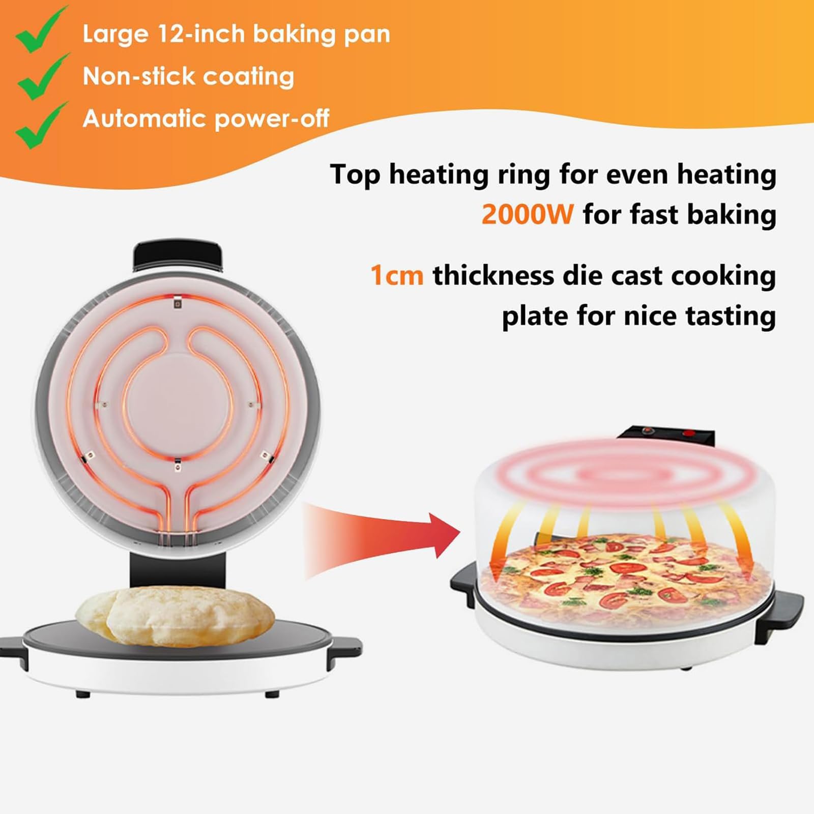 Pizzaiolo Elettrico da 12 Pollici con Finestra in Vetro, Forno per Pizza a Doppia Faccia da 2000 W, Base in Pietra Antiaderente, Riscaldamento Rapido a 220°C per Quesadillas da Pizzeria