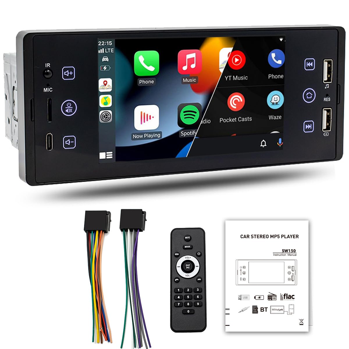Samochodowe radio pojedyncze DIN z 5-calowym ekranem dotykowym, kompatybilne z CarPlay Android Auto, Bluetooth, ekranem dotykowym, radiem FM Mirror Link, typem C, szybkim ładowaniem USB 2.1A