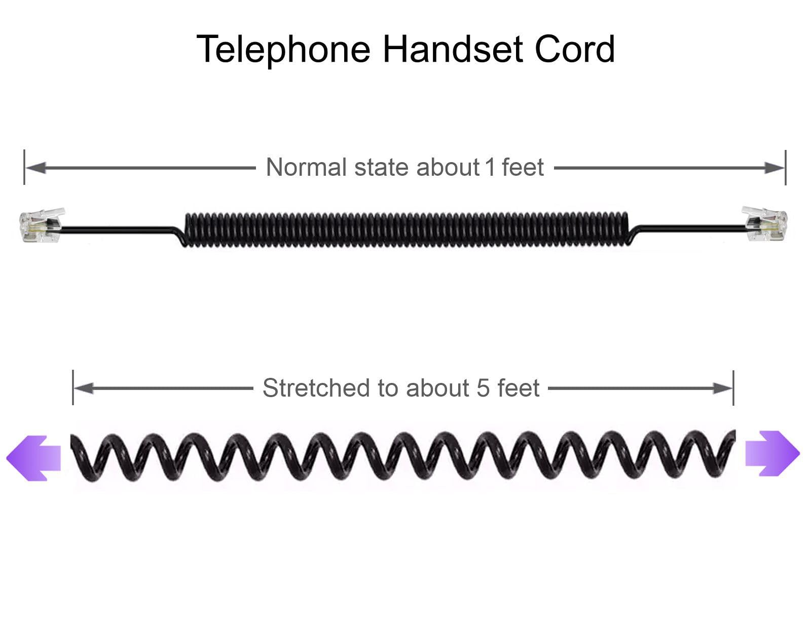 VISTRIC Coiled Telephone Handset Cord, Will Work with All Standard Phones. Length is 5-feet Uncoiled / 1-feet Coiled. Color is Black (2-Pack)